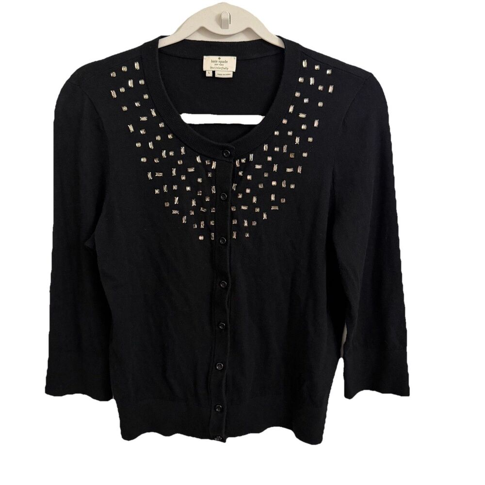 Kate Spade Cardigan Sweater Large Black Embellished Jeweled Cashmere Cotton